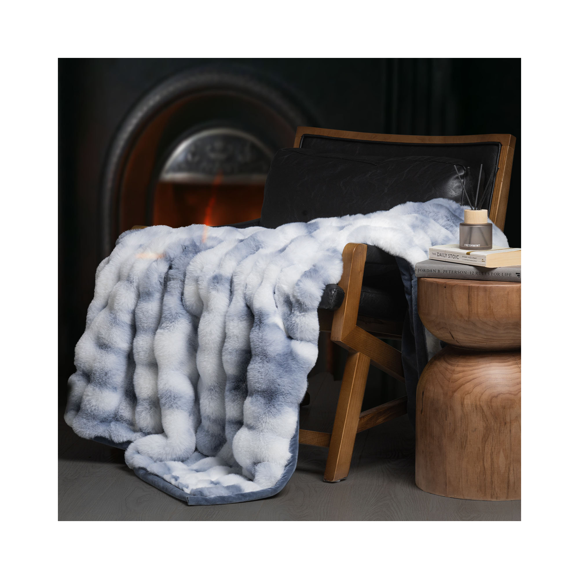 Ridgeline Faux Fur Throw Blanket, 80" L x 60" W, Cloud Blue Ombre