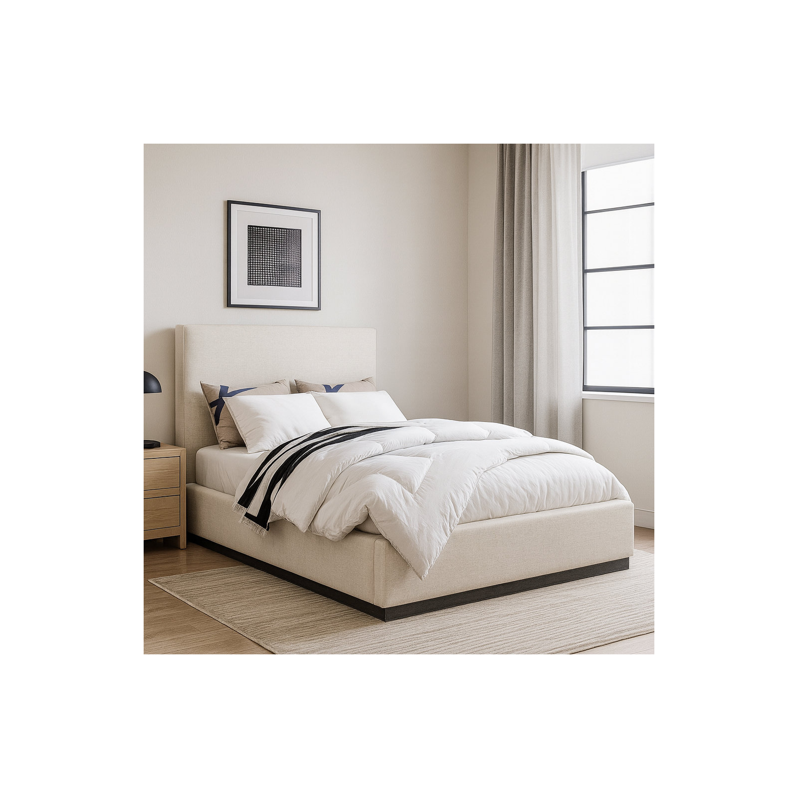 Citori Upholstered Panel Bed, Full / Double, Beige Linen Textured Fabric