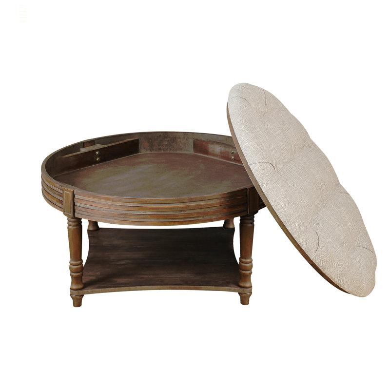 Grande table basse ronde avec repose-pieds imperméable surdimensionné à 2 niveaux avec tablette en bois et rangement en bois