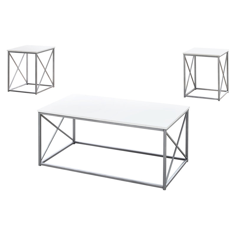 Moderne 3 tables basses et 2 tables de bout avec plateau en stratifié blanc, structure en métal gris pour l'assemblage du salon: tables basses et tables d'appoint. Stratifié, métal. Style contemporain. Fabrication. Surface spacieuse.