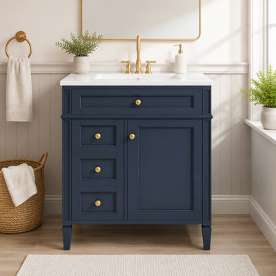 Meuble-lavabo de salle de bain 30 po avec lavabo supérieur, meuble-lavabo moderne avec 2 tiroirs et tiroir basculant, meuble-lavabo simple