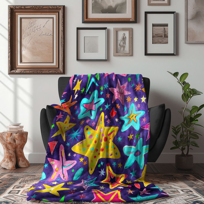 Motif Groovy - 1 pièce Sherpa Premium, Lit simple, Mauve / jaune / bleu clair abstrait