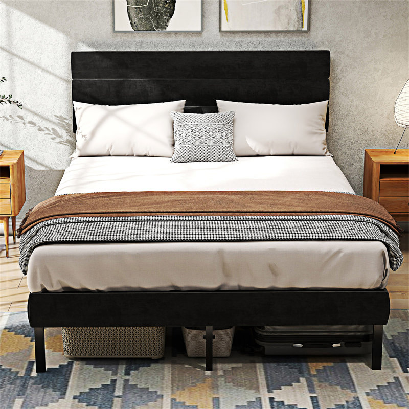 Upholstered Platm Bed Frame, Black, Queen