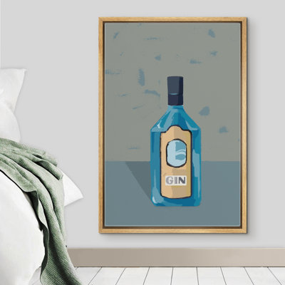 «Signature», reproduction d'art sur toile encadrée, bouteille de gin bleu sur fond gris, boissons, cocktails, art moderne, chic, amusant, multicolore, chaleureux pour le salon, la chambre à coucher, le bureau - 24 po x 36 po - noir
