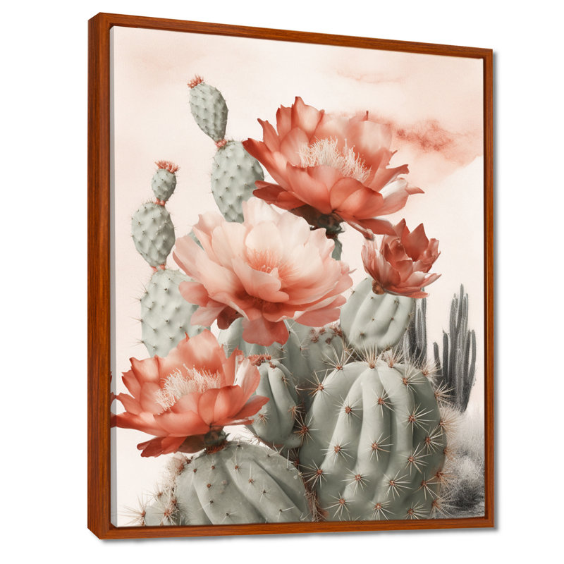Cactus du désert rouge Louver sur toile, H 20 po x l 12 po, Cadre flottant brun
