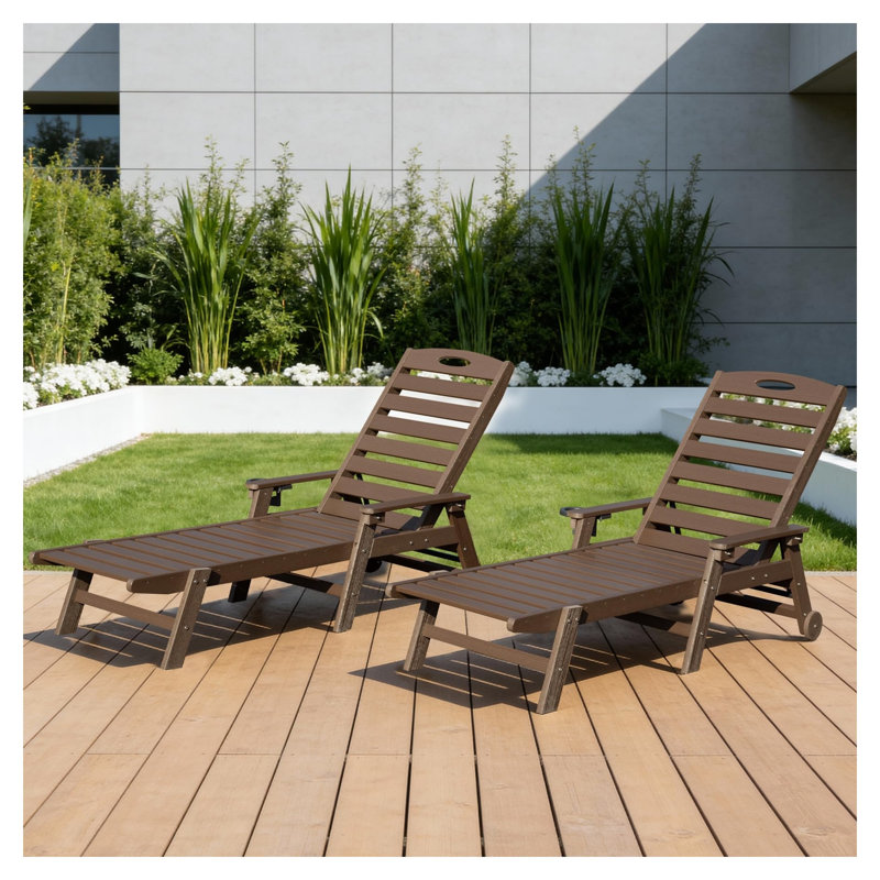 Ensemble de 2 chaises longues réglables pour l'extérieur avec porte-gobelet - Chaises en PEHD pour bronzer et bronzer, Brun