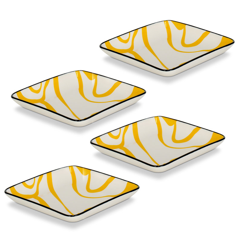 Assiette carrée à chevrons Biscotti 4,5 po, Blanc / jaune
