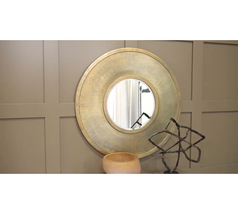 Ornate Round Brass-Framed Wall Mirror with Antique Glass Finish
