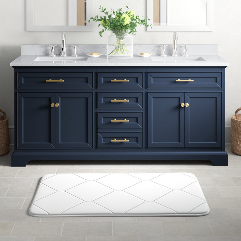 Meuble-lavabo double avec plateau en pierre artificielle Currahee, Bleu indigo / or brossé