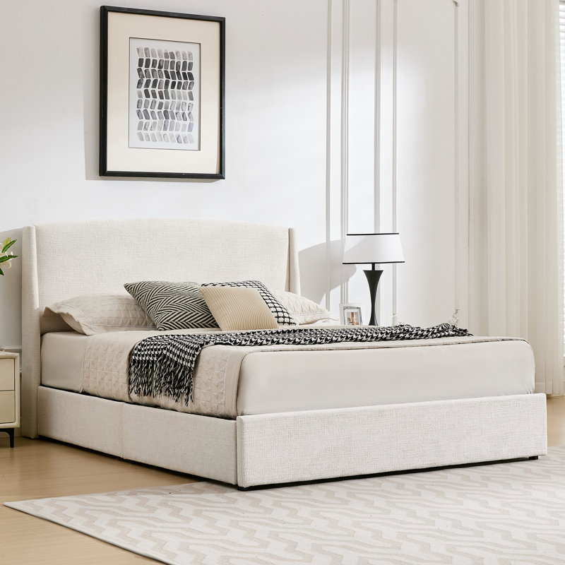 Lit plateforme tapissier avec 4 tiroirs Braya, beige, double, Beige, Double