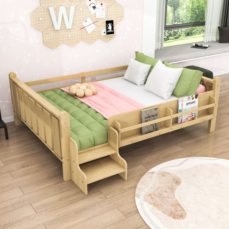 Floor Bed with Storage Bookcases and Guardrails, Full, Light Natural