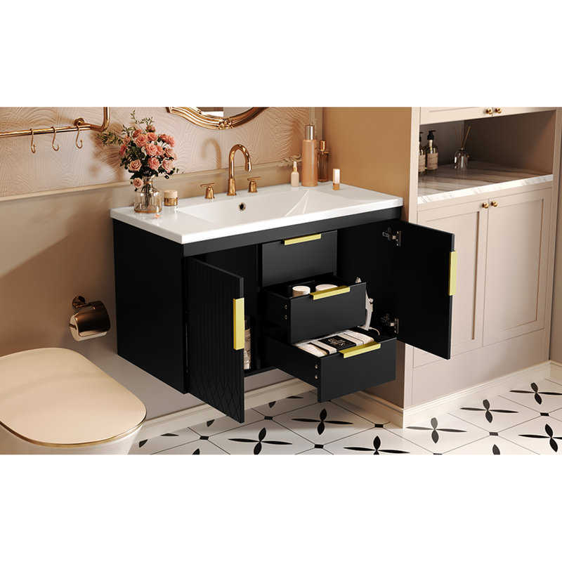 Meuble-lavabo mural 36 po avec 2 tiroirs, finition peinte imperméable, meuble-lavabo en résine de construction, espace de rangement suffisant, charnières, structure