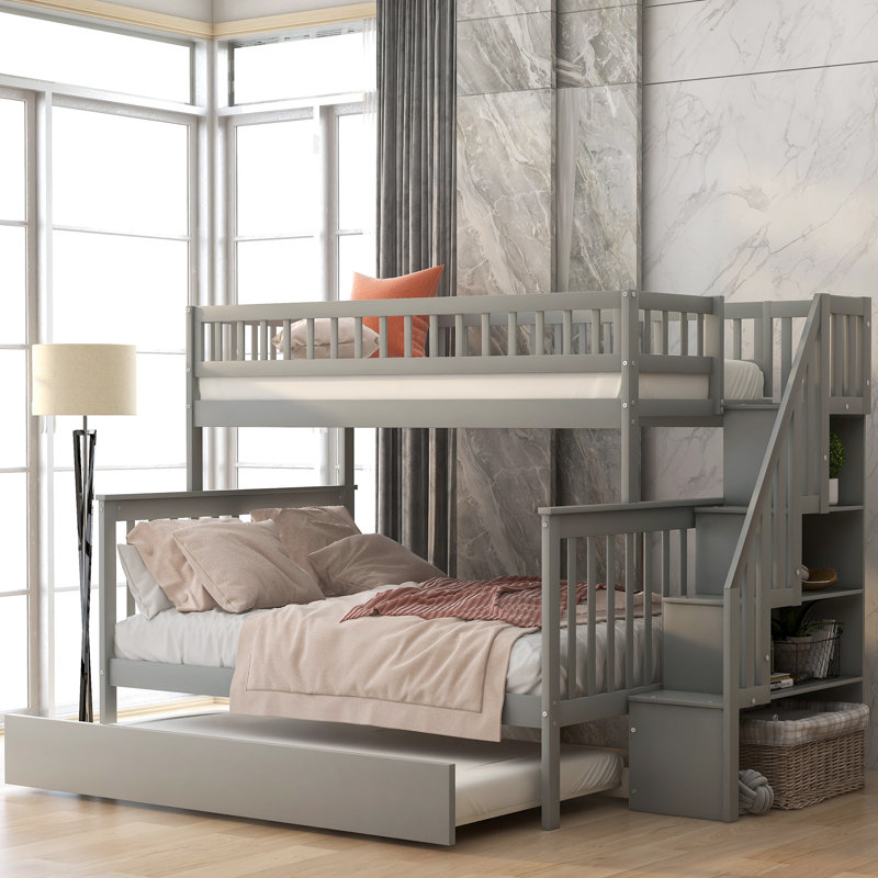 Bunk Bed with Trundle and Staircase,Twin over Full,65.30"H*57.80"W*90.80"L, Gray