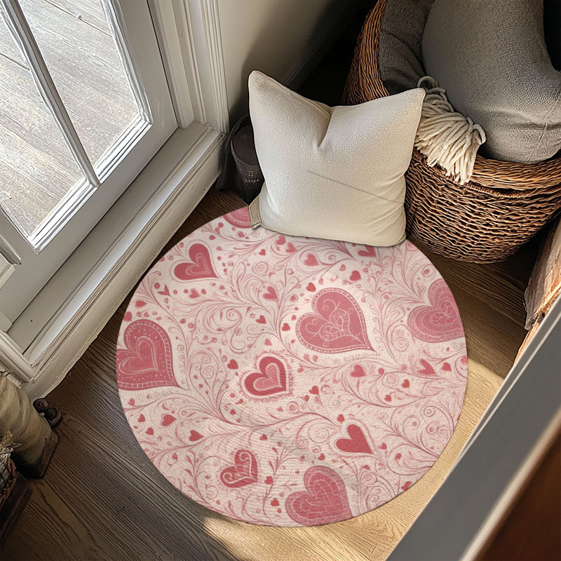 Tapis tressé à motif de cœurs roses, Rond 5 pi