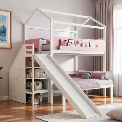 House-shaped Bunk Bed With Storage Staircase, Display Shelves And Slide