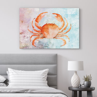 Art nautique crabe orange aquarelle sur fond abstrait pastel coloré, impression sur toile tendue