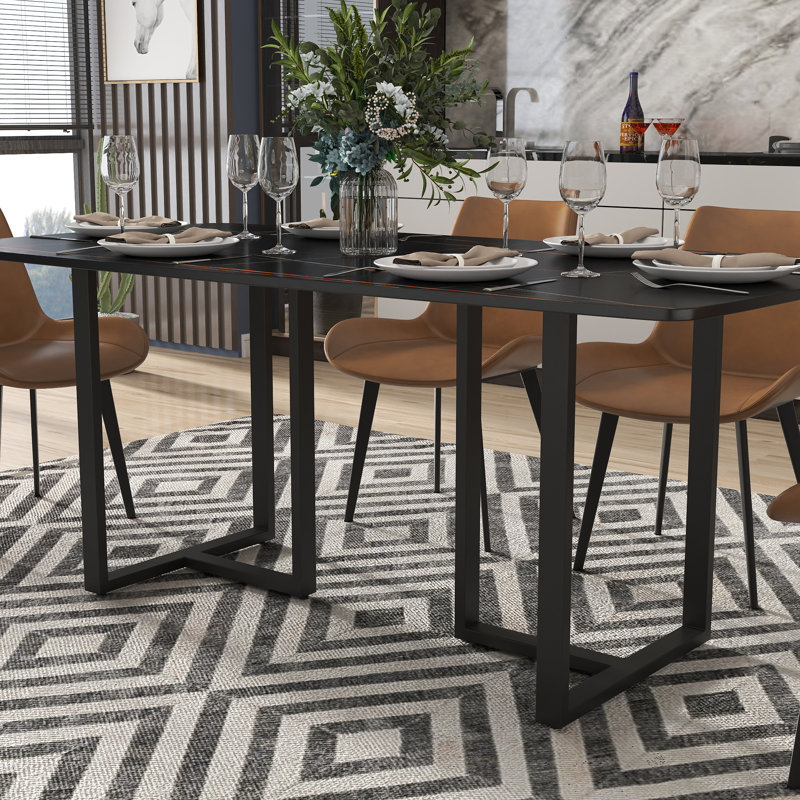 Evannie Rectangular Sintered Stone Table Top Stainless Steel Base Dining Table, Black, Black, 29.53"H x 70.87"L x 35.43"W