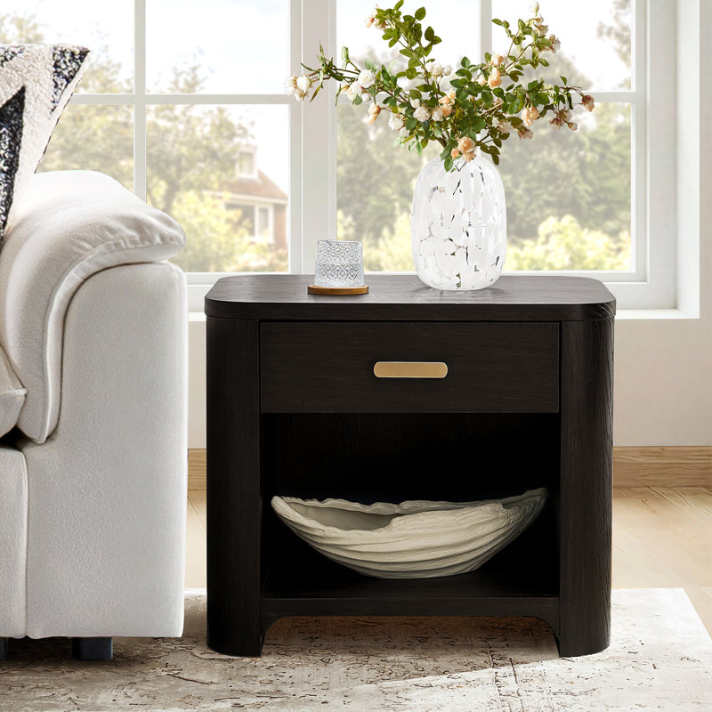 Waynesville Modern 28"W 1 Drawer Fully Assembled Oak Wood Nightstand with Built-In Powerstation and USB, Black