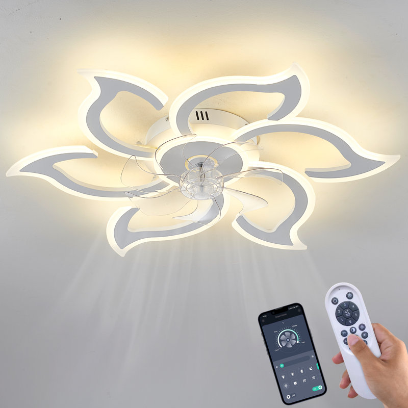 Flower Ceiling Fans With Lights And Remote, 33.5 Inch Modern Low Profile Flush Mount Ceiling Fan, Dimmable Led Ceiling Light Fixture,