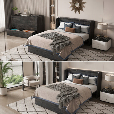 Lit escamotable de 145 cm (57 po) compact avec rangement, station de recharge et roulettes pivotantes pour chambres d'amis et bureaux (matelas non inclus)