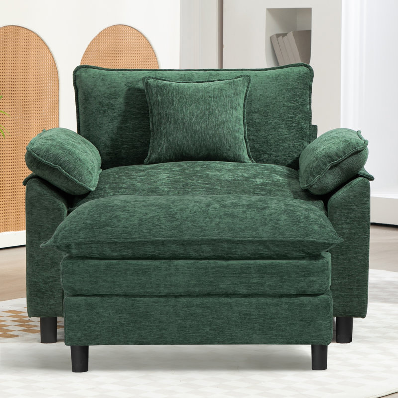 Fauteuil d'appoint surdimensionné en chenille avec repose-pieds, Chenille verte
