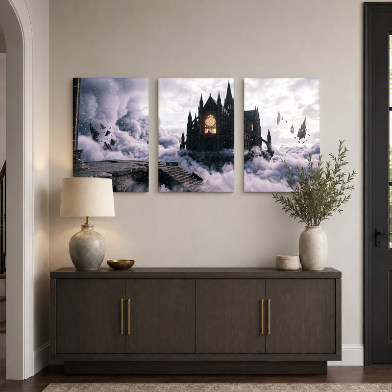 Cathédrale gothique flottant dans les nuages, ensemble de 3 toiles murales pour l'Halloween, 24"H x 16"W x 3pcs