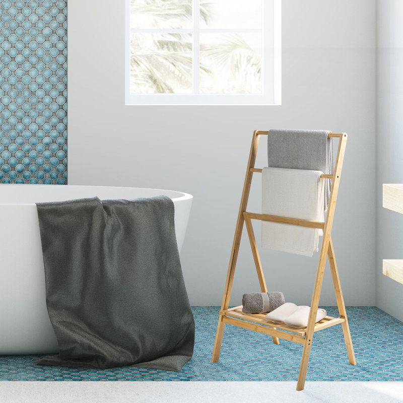 Foldable Beige Freestanding Bamboo Blanket Rack	