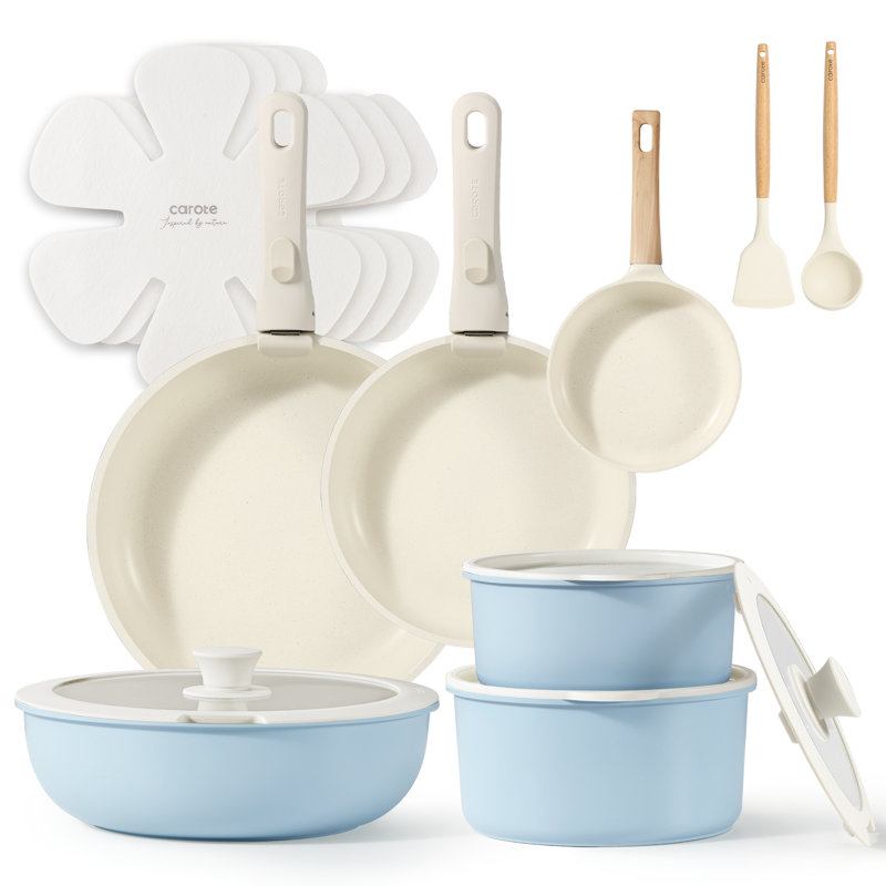 CAROTE 18-Piece Nonstick Cookware Set with Detachable Handle, Blue