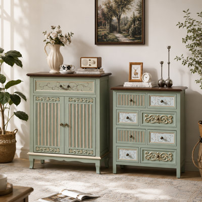 “Fienley"  Collection Sage Green Storage Chest With Vintage-Inspired Drawers, Modern Farmhouse Accent Cabinet