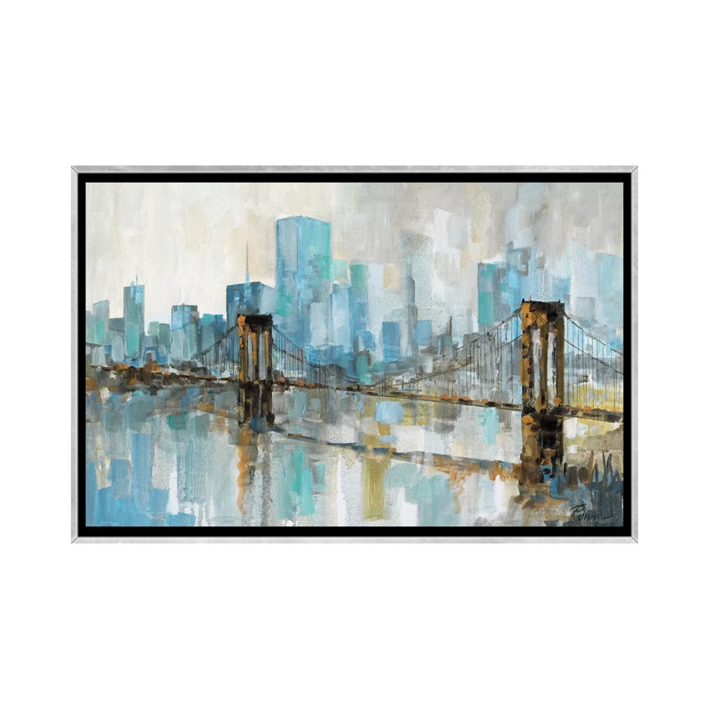 Teal City Shadows par Ruane Manning - reproduction d'art, H 26 po x l 40 po x 1,5 po, Toile avec cadre argenté, Aucun mat