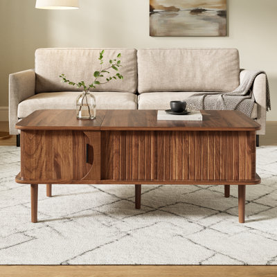 Retro Lift-Top Coffee Table with Sliding Door & Hidden Storage, Extendable MDF Desk with Wood Legs