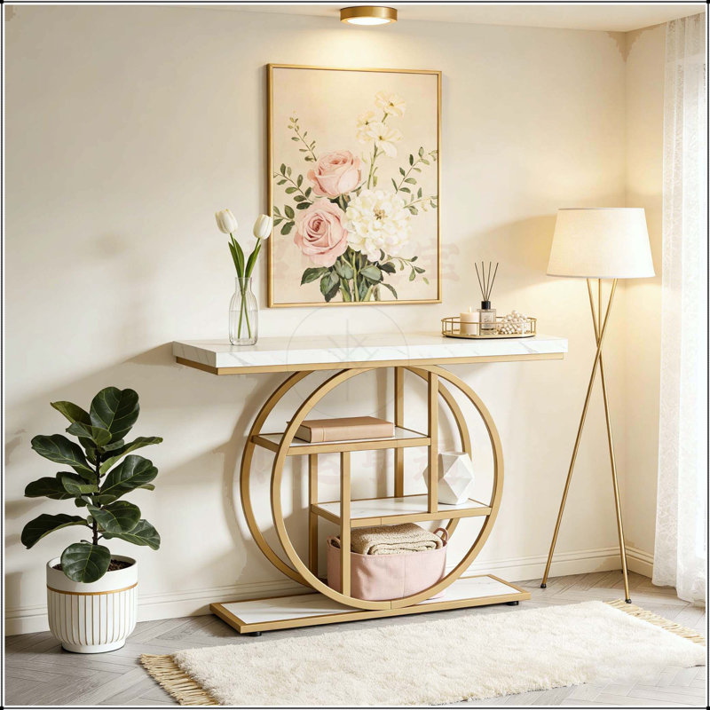 41.3 Inch Console Table with Circular Base, Narrow Wood Accent Table for Entryway, Hallway, and Living Room, White