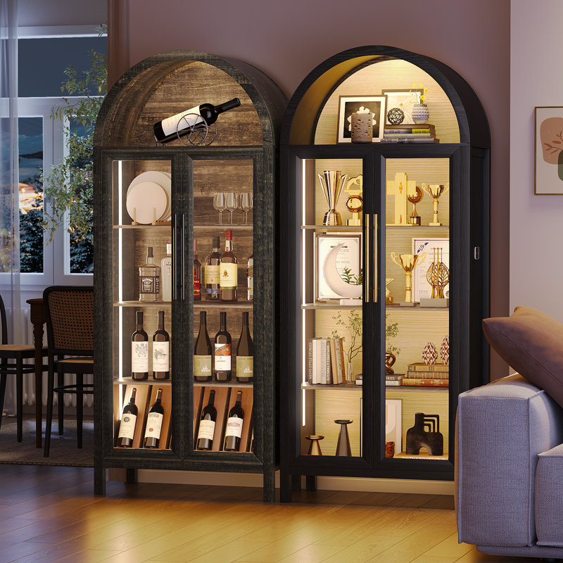 68" Tall Arched Storage Display Cabinet, Black Oak