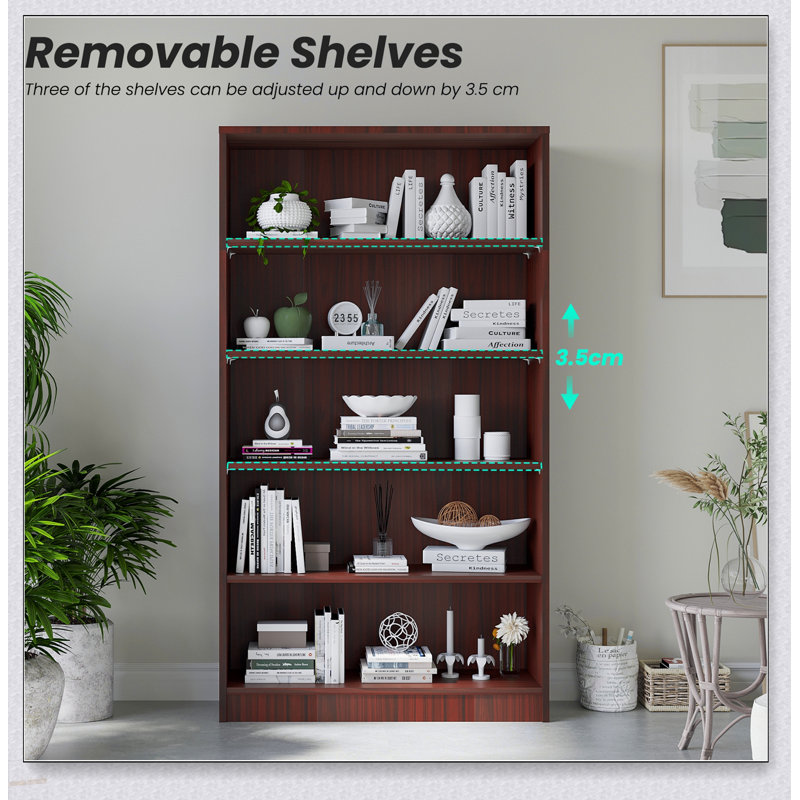 Bibliothèque moderne à 5 niveaux en bois avec tablettes réglables et capacité de charge élevée, parfaite pour le rangement dans la chambre à coucher, le bureau et le salon