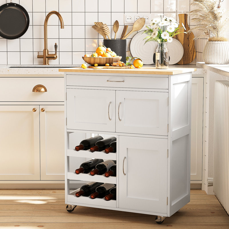 Îlot de cuisine blanc avec support à vin et fonctionnalité efficace - espace de travail roulant