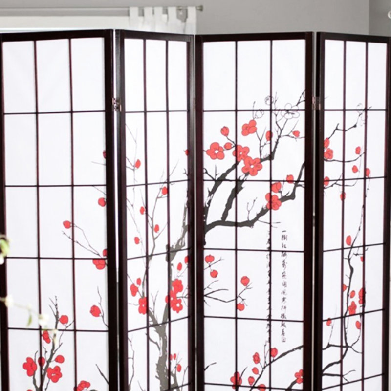 Cloison de 70 po de hauteur avec finition noire et charmantes silhouettes de fleurs de prunier - ajouter de l'intimité