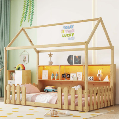 Lit simple en bois avec lumière DEL, bibliothèque de rangement et garde-corps pour enfants