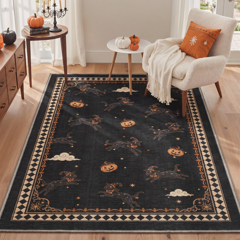 Tapis d'Halloween avec chat sorcière, noir et orange, lavable à la machine, à poils courts, antidérapant, Rectangle 8' x 10'