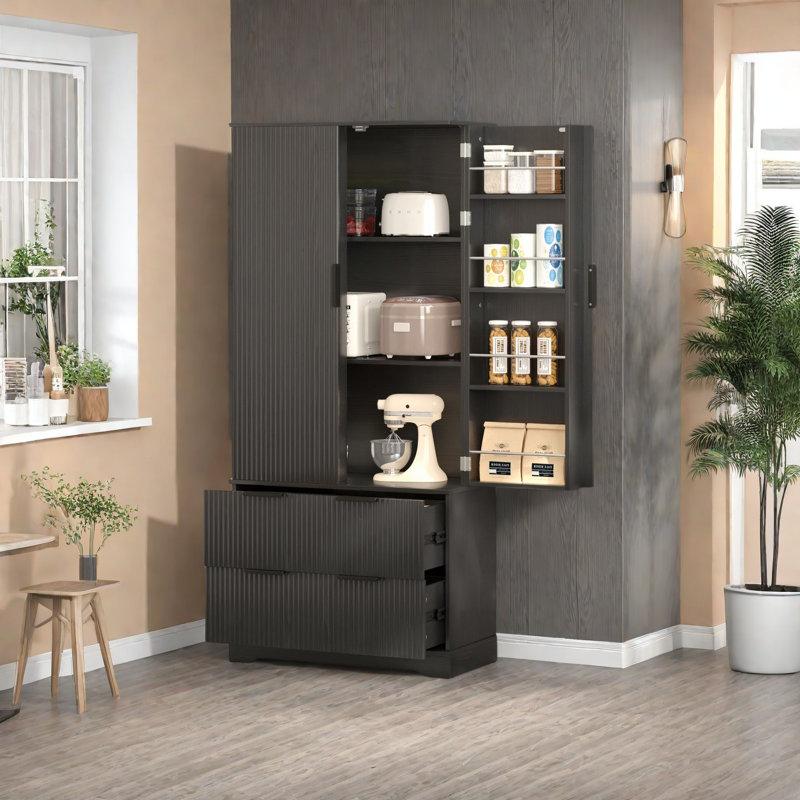 Grande armoire de rangement avec étagères à épices, tiroirs et tablettes - Armoire garde-manger polyvalente en panneau de fibres à densité moyenne pour cuisine, salle à manger ou salon
