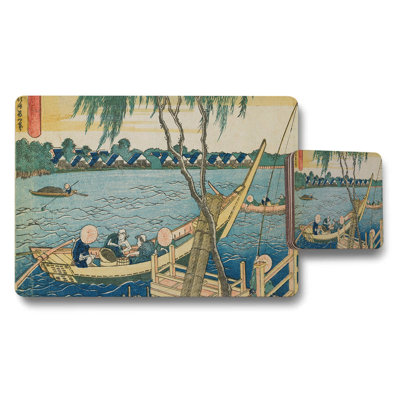 Japanese Vintage River Scene Placemat and Coaster Set