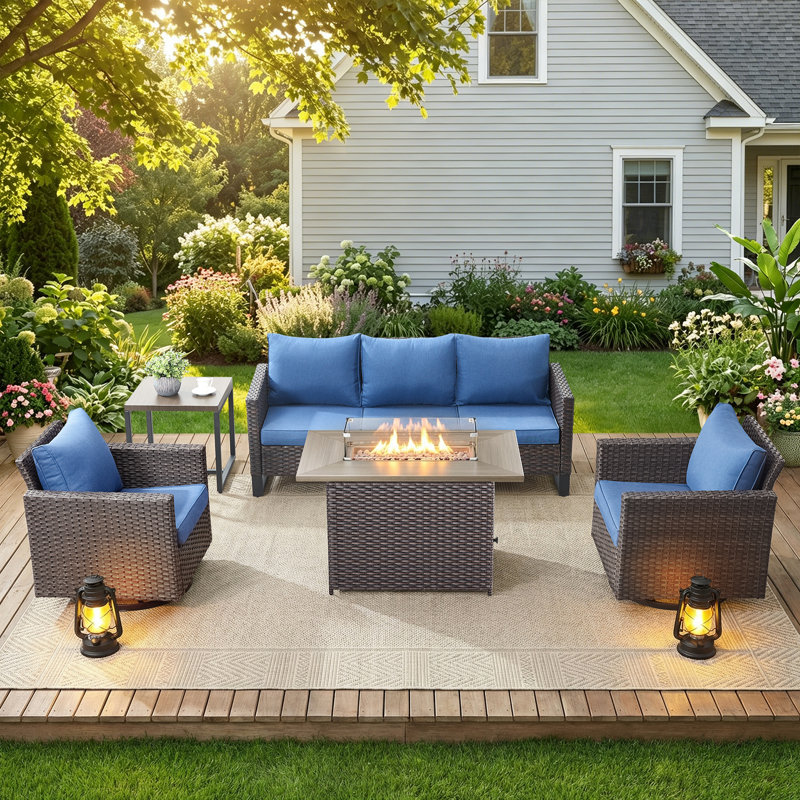 Bayboro 5 - Person Outdoor Seating Group With Fire Pit With Swivel Glide Chair And Cushions, Blue