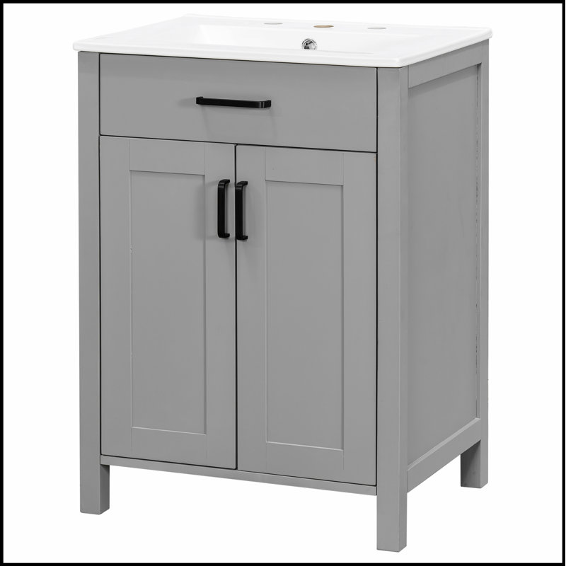 Ensemble de meuble-lavabo de 24 pouces avec lavabo en céramique, portes à fermeture douce et grand espace de rangement pour les espaces compacts