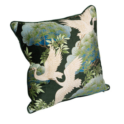 Cotton Blend Velvet Printed Pillow With Cranes And Piping