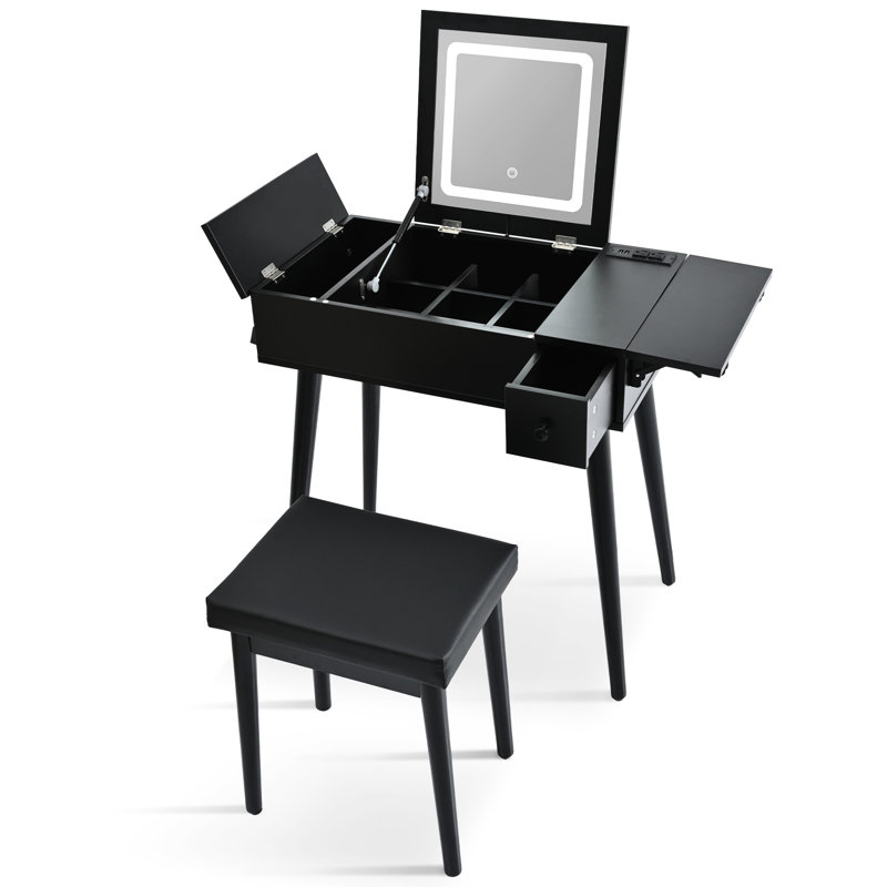 Bureau de coiffeuse noir avec 2 tiroirs, DEL, station de charge, panneau et tabouret rembourré pour la chambre à coucher, panneau de coiffeuse 27,9 po, station