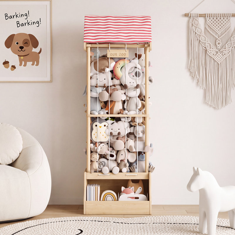 Tour de rangement 2 en 1 en bois massif pour peluches, avec toit en forme de maison, organisateur de jouets peu encombrant avec base cubique robuste pour salle de jeux, chambre d'enfant ou chambre à coucher