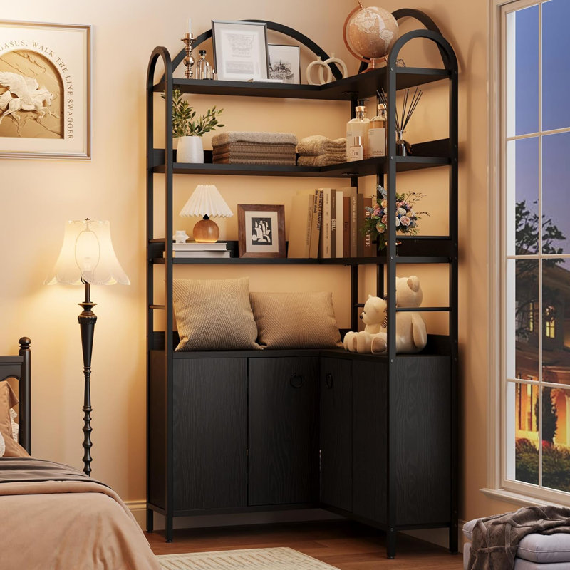 Bibliothèque de coin 74 "de haut à 74 niveaux avec armoire et portes, rangement en L pour bureau à domicile, noir, Noir
