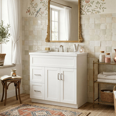 30" Freestanding Bathroom Vanity With Resin Sink, Modern Cabinet With 2 Drawers And Soft-Close Door, Left/Right Orientation Available