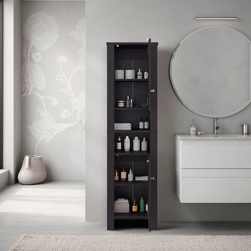 Armoire haute Catalina, organisateur de salle de bain avec compartiments fermés et zones d'utilisation quotidienne, wengé