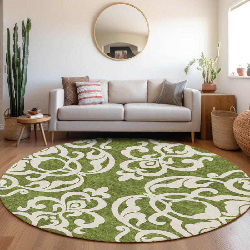 Premium Machine Washable Prisco Green Rug, Round 8'