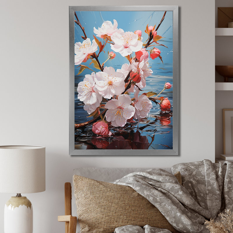 "Buchlovice Cherry Blossom" blanc et bleu, reproduction sur toile, H 40 po x l 30 po x P 1,5 po, Cadre photo argenté
